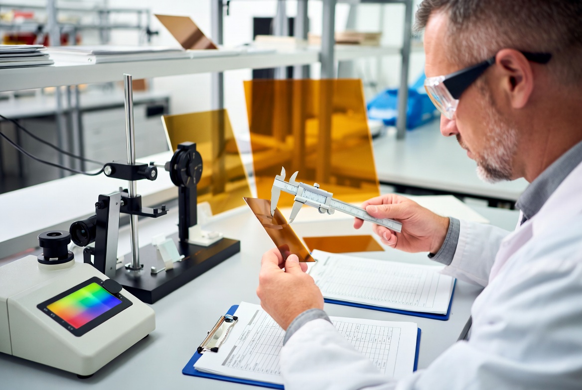 Inspector de control de calidad que prueba muestras de l&aacute;minas de ABS